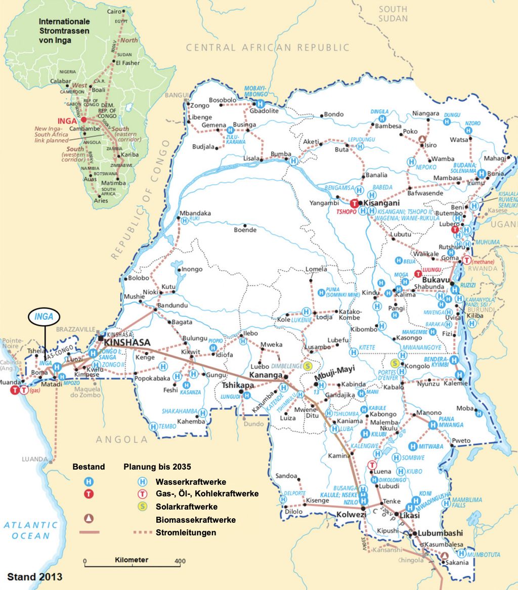 Karte der Stromtrassen und Kraftwerke in der Demokratischen Republik Kongo und angrenzenden Ländern.